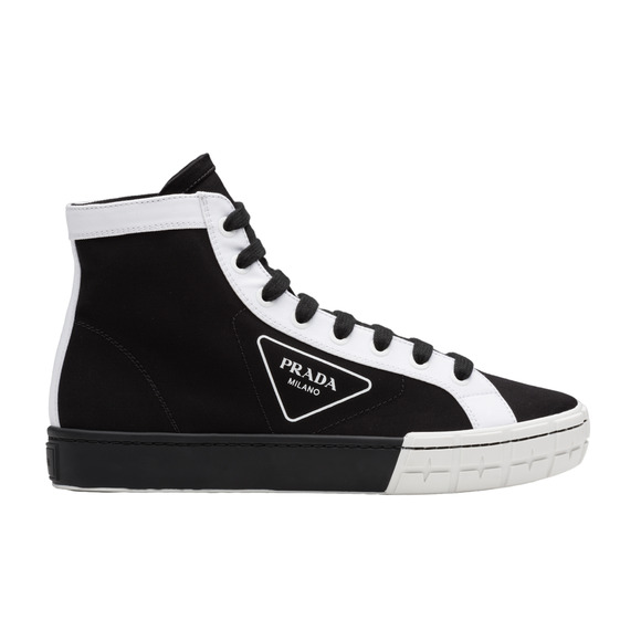Prada Mens Wheel Black White Logo Flat High Top Trainer Sneaker UK 8 US 9 10 - Picture 1 of 12